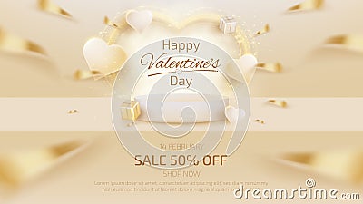 Valentine day backdrop with podium for product display, Heart shape elements, golden ribbon, gift box and glitter light effects Vector Illustration