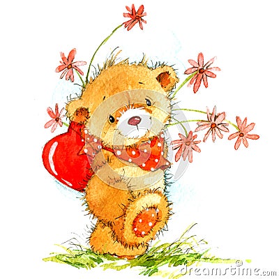 Valentine Day Background with cute toy bear and red heart. watercolor illustration Stock Photo