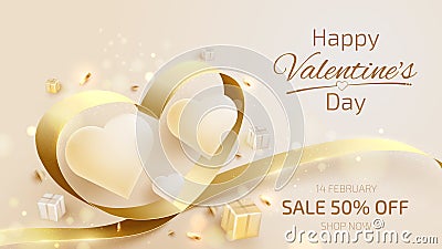 Valentine day background with heart shape elements and gold ribbon with glitter light effects Stock Photo