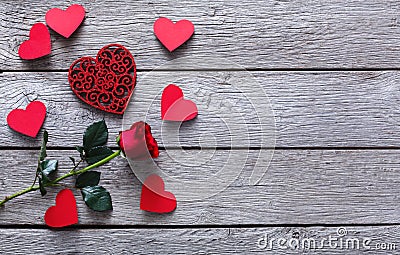 Valentine day background, hearts and rose flower on wood Stock Photo