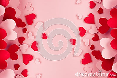 Valentine day background of many different paper hearts on pink soft background. Copy space. Stock Photo