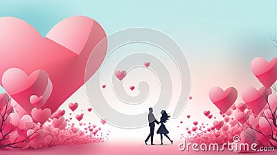 Valentine Day banner background with colorful hearts and a couple, generated by AI Stock Photo