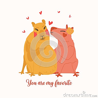 Valentine Day card with cute lovely capybara couple. Romance kiss vector animal illustration Vector Illustration