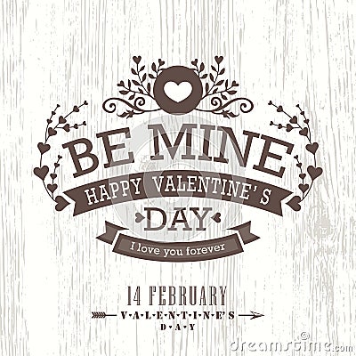 Valentine day card with floral vintage frame on wooden background Vector Illustration