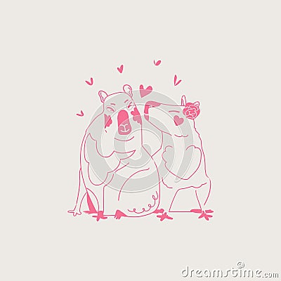 Valentine Day card with outline cute lovely capybara couple. Romance kiss vector animal line art illustration Vector Illustration