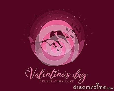 Valentine Day celebration love banner with Couple bird on Tree branch in pink full moon night vector design Vector Illustration