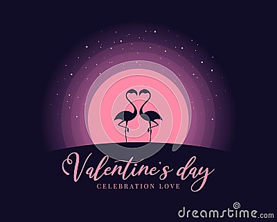 Valentine Day celebration love banner with Couple Flamingo on pink full moon night vector design Vector Illustration