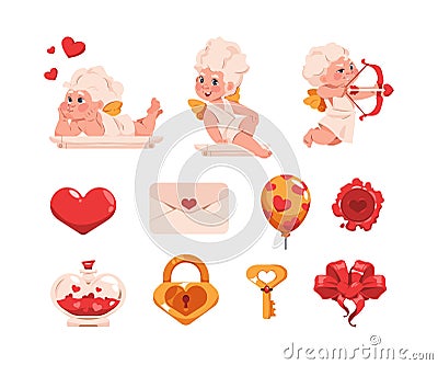 Valentine Day collection. Cartoon little Cupid angels with wings bow and arrows. Heart balloons. Love letter and amour Vector Illustration