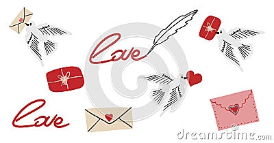 Valentine day collection. Hand drawn cartoon cute elements in retro vintage style. Love bird mail or post. Vector Illustration