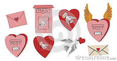 Valentine day collection. Hand drawn cartoon cute heart elements in retro vintage style. Mailbox or postbox shape set. Vector Illustration