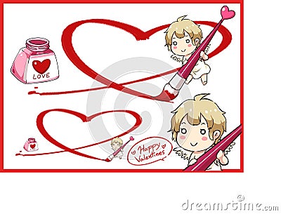 Valentine Day and cupid draw big heart with red ink . Vector Illustration