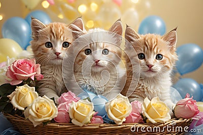 Valentine's day. Cute kittens inside a straw basket. Stock Photo