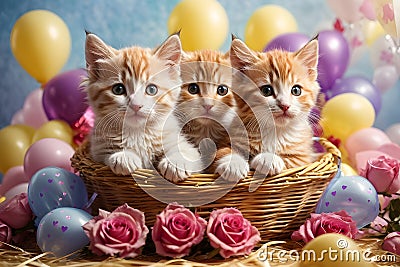 Valentine's day. Cute kittens inside a straw basket. Stock Photo