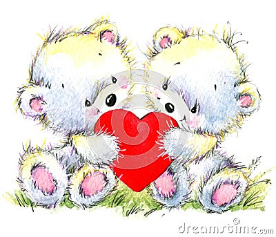 Valentine day. Cute White bear and red heart. Cartoon Illustration