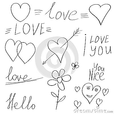 Valentine Day elements doodle hand drawn, calligraphy vector comic sketch set, Declaration love, first love Vector Illustration