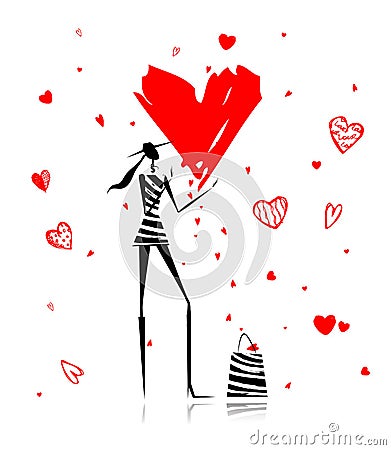 Valentine day. Fashion girl with big red heart Vector Illustration