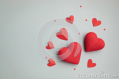 Valentine day festive composition with red hearts on pastel blue background top view. Flat lay card Stock Photo