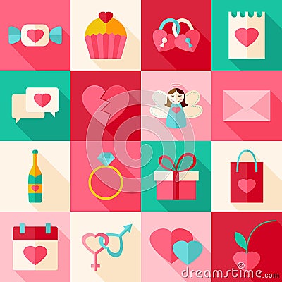 Valentine day flat style icon set with long shadow Vector Illustration