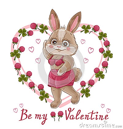 Valentine day. Funny romantic bunny. Be my Valentine. Cute cartoon rabbit with heart frame. Lovers holiday vector Vector Illustration
