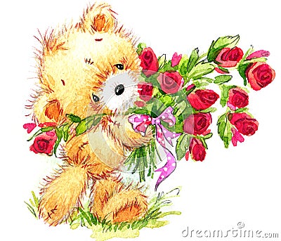 Valentine day. Funny teddy bear and red heart. Cartoon Illustration