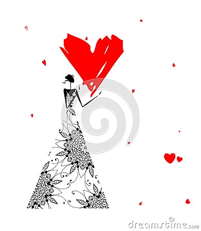 Valentine day. Girl with big red heart Vector Illustration
