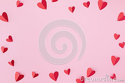 Valentine day greeting card or banner. Paper red hearts frame on pink background Stock Photo
