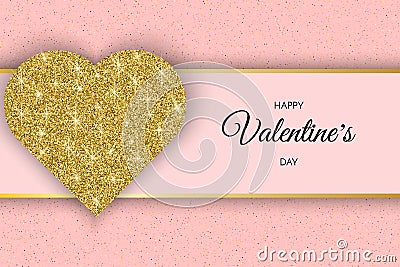 Valentine Day greeting card. Festive Card for Happy Valentine s Day. Pink Background with golden Heart and glitter. Vector Illustration
