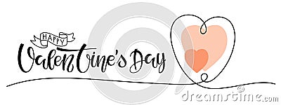 Valentine Day greeting card template. Happy Valentines Day text with Continuous one line drawing two Heart. Single line Vector Illustration