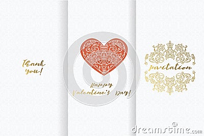 Valentine day greeting cards. Set ornate element design templat. Vector Illustration