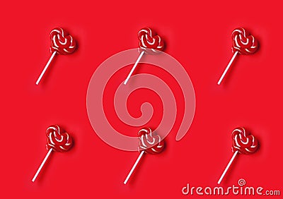 Valentine day, heap striped lollipops shape heart on stick, on red paper background Stock Photo