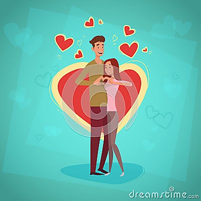 Valentine Day Holiday Couple Embrace Love Heart Shape Greeting Card Vector Illustration