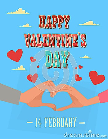 Valentine Day Holiday Couple Hand Making Heart Shape Greeting Card Vector Illustration