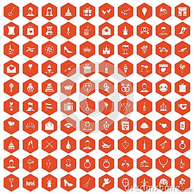 100 valentine day icons hexagon orange Vector Illustration