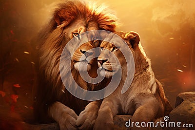 Valentine Day Love Lion and Lioness. Generative AI Stock Photo