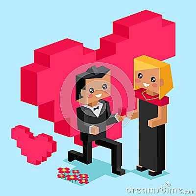 Valentine day pixel. Proposal for marriage at Valentines day. 3d gifts for wife and husband Vector Illustration