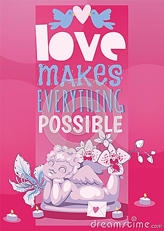 Valentine day poster angel statue vector illustration. Angelic cupid amour romance sculpture. Vector Illustration