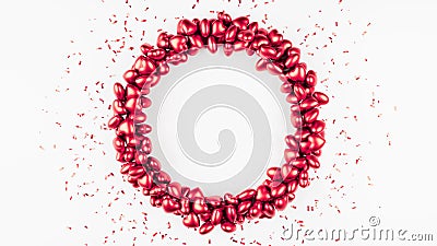 Valentine day red hearts circle with confetti on white backdrop. 3d render illustration. Cartoon Illustration