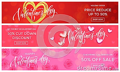 Valentine Day sale banners design template. Vector golden glitter heart on pink flowers background for Valentines fashion sale sho Vector Illustration