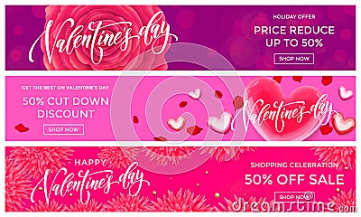 Valentine Day sale banners design template. Vector red heart on pink flowers background for Valentines fashion shopping season sal Vector Illustration