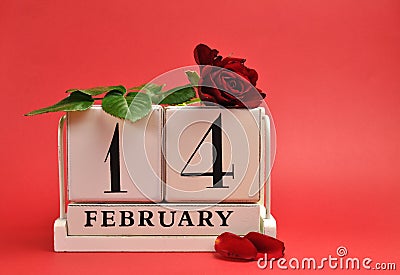 Valentine Day. save the date calendar with red rose against a red background. Stock Photo