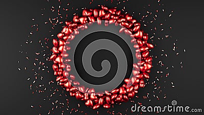 Valentine day shiny red hearts circle with confetti on black backdrop. 3d render illustration. Cartoon Illustration