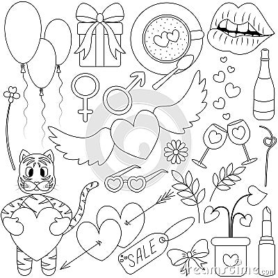 Valentine day. Sketch. Set of vector illustrations. Doodle style. Love collection. Coloring book for children. Tiger, heart, love Vector Illustration