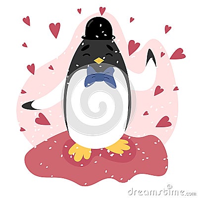 Valentine day vector illustration Penguin in black hat waving paw on pink background with hearts around it. Vector Illustration