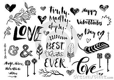 Valentine Day, wedding hand drawn lettering, outline romantic doodles Cartoon Illustration