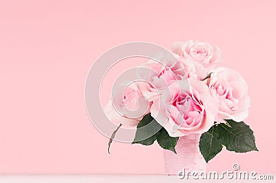 Valentine days background - elegant pastel pink roses bouquet in basket on white wood board, copy space. Stock Photo