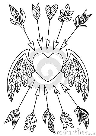 Valentine doodle coloring book page heart with arrows. Antistress for adult and children Stock Photo