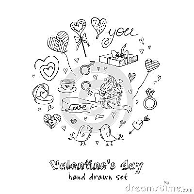 Valentine doodle set with hearts, flowers, gifts, candus and birds. Vector Illustration