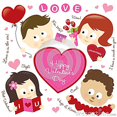 Valentine elements w/ kids Vector Illustration