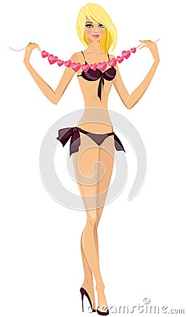 Valentine girl with garland in hands Vector Illustration