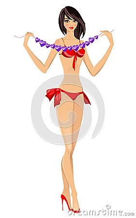 Valentine girl with garland in hands Vector Illustration